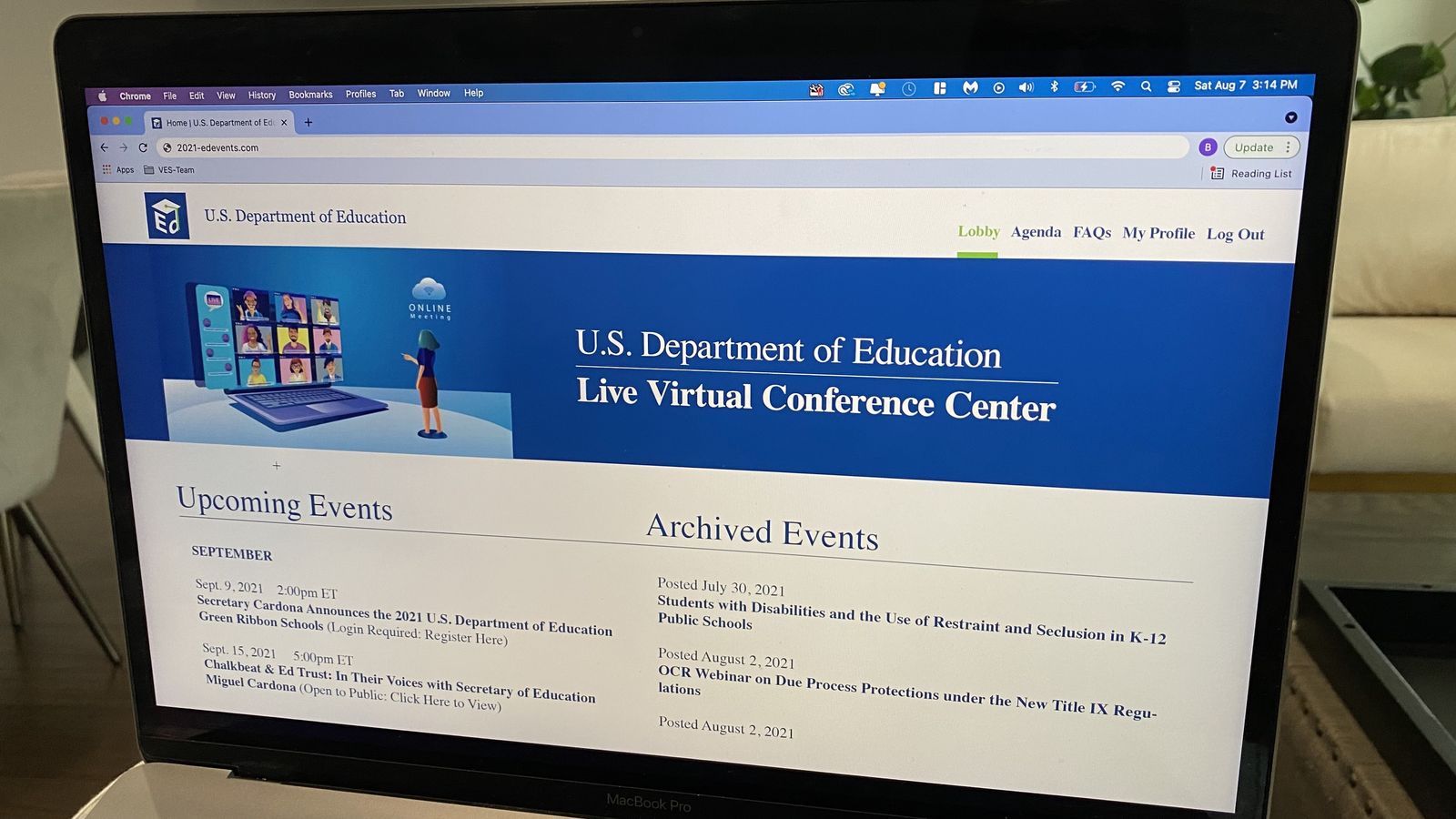 The U.S. Department of Education Live Virtual Conference Center site on a laptop