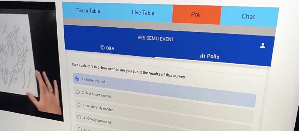 A V-Suite event page with Find a Table, Live Table, Poll and Chat tabs beside the program